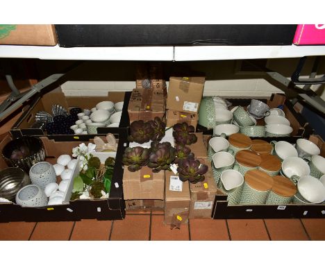 FOUR BOXES OF CERAMICS, GLASS, DRIED FLOWERS etc, to include glass candle holders, Lene Bjerre ceramic storage jars, jugs, bo