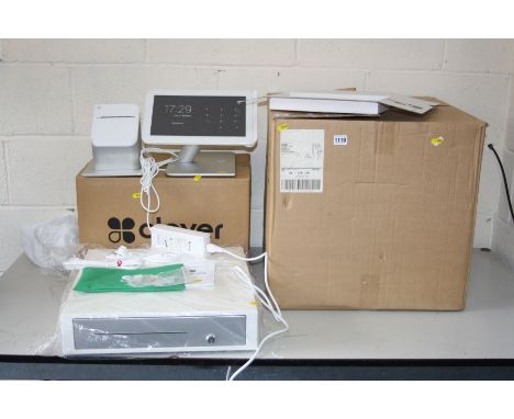 A CLOVER 1.0 C100 PDS TILL SYSTEM, brand new in box with screen printer, till drawer, cables, manual card machine and PSU (pa