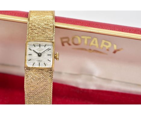 A MID TO LATE TWENTIETH CENTURY 9CT GOLD LADIES ROTARY WRISTWATCH, square case measuring approximately 17mm x 14mm, fitted to