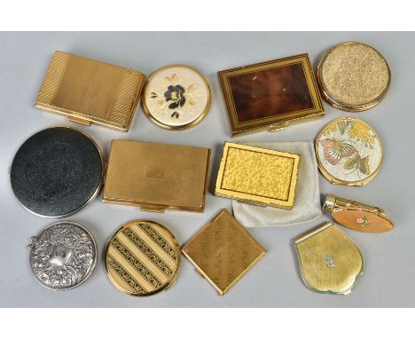 A BOX OF COMPACTS, mainly vintage compacts, to include a circular Stratton compact with banded floral decoration, a Stratton 