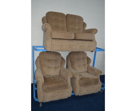 A G-PLAN LIGHT BROWN UPHOLSTERED THREE PIECE LOUNGE SUITE, comprising a two seater settee and a pair of armchairs (3)