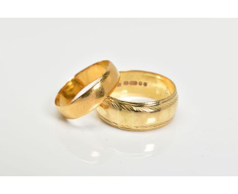 AN 22CT GOLD BAND RING AND AN 18CT GOLD BAND RING, the first a plain band, with 22ct hallmark, ring size L, approximate weigh