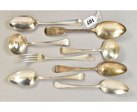 A GROUP OF EIGHT PIECES OF 18TH AND 19TH CENTURY SILVER FLATWARE, comprising two Old English pattern sauce ladles, one with c