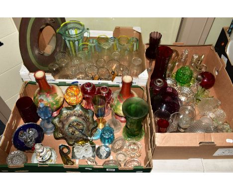 THREE BOXES GLASSWARES, to include carnival glass footed bowl, pair silver rimmed cranberry vases, glass crocodile vase, glas