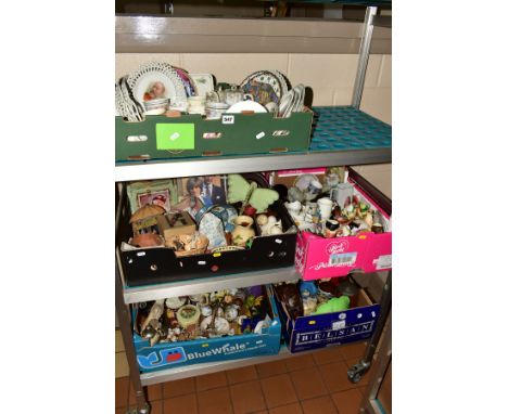 FIVE BOXES OF CERAMICS, GLASS, METALWARES ETC, including ribbon plates, two Widdecombe Fair figures, Royalty memorabilia incl