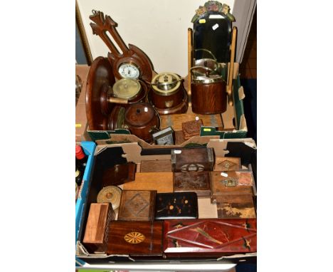 TWO BOXES OF TREEN, including biscuit barrels, barometer, a lazy Susan, barbola mirror, trinket boxes, lacquer boxes, etc (tw