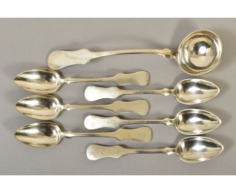 A SET OF SIX LATE 19TH CENTURY AUSTRO-HUNGARIAN .800 STANDARD SILVER HOUR GLASS FIDDLE PATTERN TEASPOONS, together with a mat