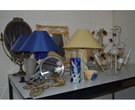 A QUANTITY OF MISCELLANEOUS to include two ceramic lamps marked Idonia with fabric shades together with a matching jar and di