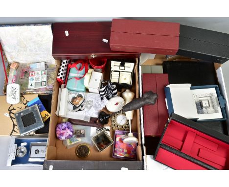 TWO BOXES OF MISCELLANEOUS ITEMS, to include small jewellery boxes, trinket boxes, jewellery stands, frames, card making craf