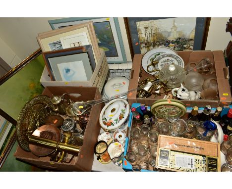 FOUR BOXES OF BREWERYANIA CERAMICS, GLASSWARE, METALWARES, PAINTINGS AND PRINTS AND LOOSE PICTURES, including Evesham dinnerw