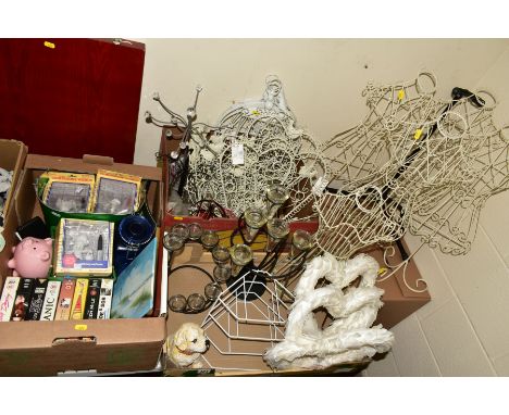 THREE BOXES OF DECORATIVE DISPLAY ITEMS, PRINTS AND PICTURES, boxed artist's set, etc, including feather heats, candlestands,