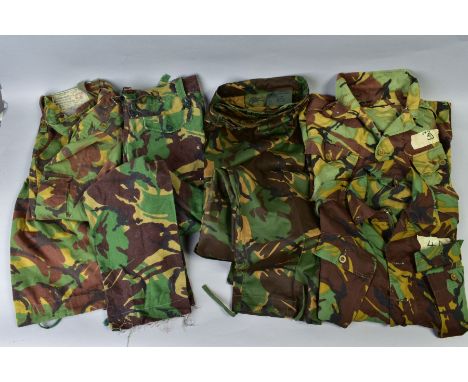 FIVE ITEMS OF BRITISH ARMY CAMO KIT, three pairs of trousers, one lightweight, two jackets/shirts, one tropical, all used, no