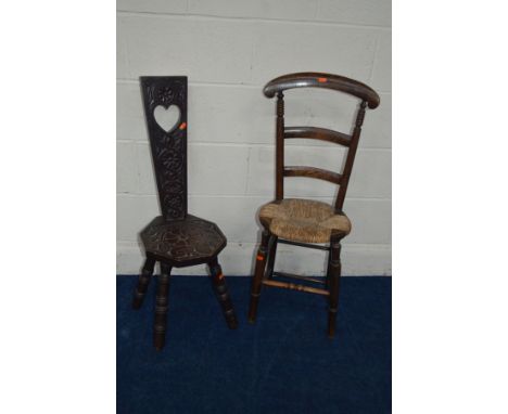 A SMALL LATE 19TH CENTURY TALL RUSH SEATED LADDER BACK CHAIR together with a spinning chair (2)