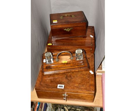 THREE GEORGE III/VICTORIAN BOXES AND AN EDWARDIAN OAK DESKSTAND, the boxes comprising a George III mahogany tea caddy, lacks 