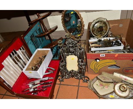 TWO WOODEN CANTEENS OF STAINLESS STEEL CUTLERY, a box of assorted metalwares and loose items, including a gilt framed dressin