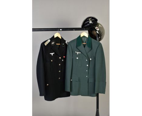 TWO GERMAN WWII MILITIARY UNIFORM JACKETS in the style of the 'Heer' Army and 'S.S', both come with a uniform visor cap, but 