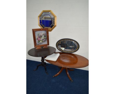 A GEORGIAN MAHOGANY CIRCULAR TOPPED TRIPOD TABLE, with bird case mechanism, diameter 91cm x height 72cm, together with a maho