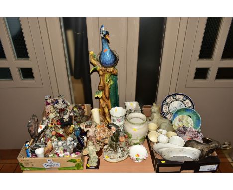 TWO BOXES OF CERAMICS AND GLASSWARE AND LOOSE ITEMS, including a large ceramic model of a peacock, resin Capodimonte figurine