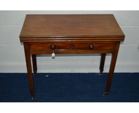 A GEORGE III MAHOGANY RECTANGULAR DOUBLE FOLD OVER TEA/CARD TABLE, fitted with a long drawer, turned wooden handles, on four 