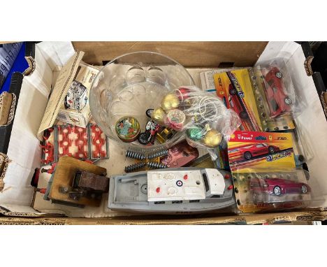 Mixed Lot: A Mettype Junior working toy typewriter, boxed together with model cars, glass dish, vintage photographs etc