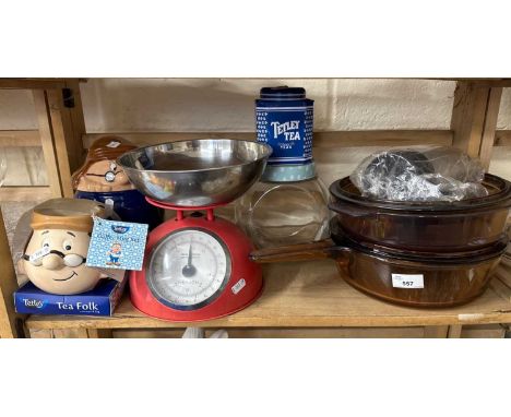 Mixed Lot: Kitchen scales, glass cook ware, Tetley Tea Folk commemoratives and other items