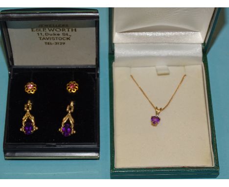 A 9ct gold pendant set heart shaped amethyst and diamond point on gold fine curb link chain, a pair of 9ct gold amethyst earr