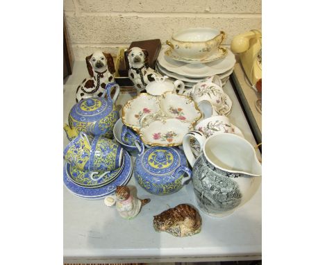 Ten pieces of ceramic&nbsp;tea ware&nbsp;decorated blue and yellow with exotic birds and foliage, a pair of Staffordshire dog