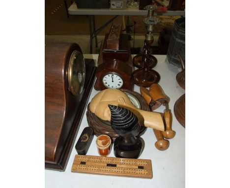 A mahogany case striking mantel clock,&nbsp;the dial marked 'R Long, Plymouth' 28cm high, a smaller mahogany timepiece, the m