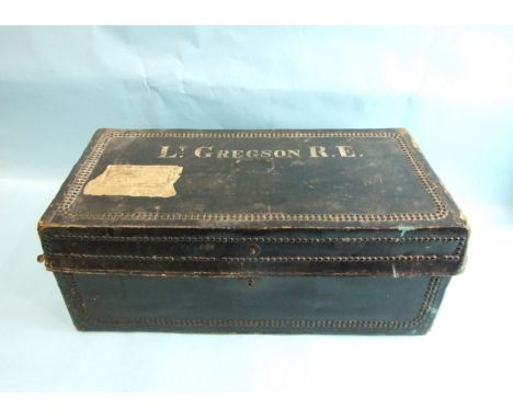 A 19th century studded-leather cabin trunk with camphor wood lining and brass carrying handles, 64cm wide, 33cm deep, 25cm hi