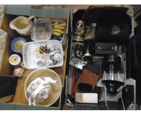 2 boxes of miscellaneous items to include china, postcards, kodak brownie camera etc