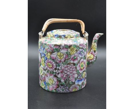 Chinese Cantonese porcelain  teapot,15cm tall, 14cm wide signed/stamped on bottom 