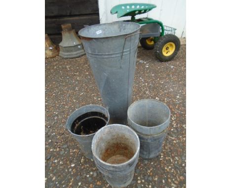 Post spade,  galvanised pots, wooden trug and pots