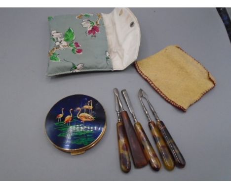 collectors lot of compact and nail tools, vintage cowbell, domino tin with pen nibs, Victorian cased cabinet photo, cobblers 
