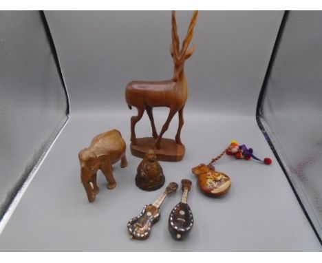 Treen antelope, buddah, elephant, 2 little guitars with mother of pearl inlay, pair of spanish castanets