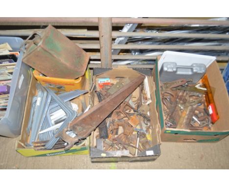 Three boxes of various hand tools; vintage Pratts fuel can etc
