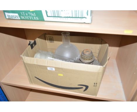 A box containing a Victorian oil lamp; milk glass shade etc
