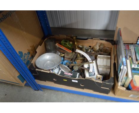 A box of various metal and glassware to include candle sticks; old glass bottles; pewter tankard; enamel scales; box of vario