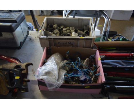 A box various plastic pipe fittings; a box of light fitting