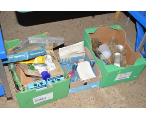Three boxes of various light shades; tools etc