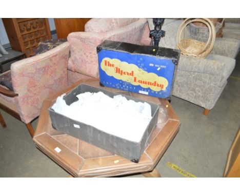 A vintage laundry box and contents of pillow cases, sheets and a nighshirt