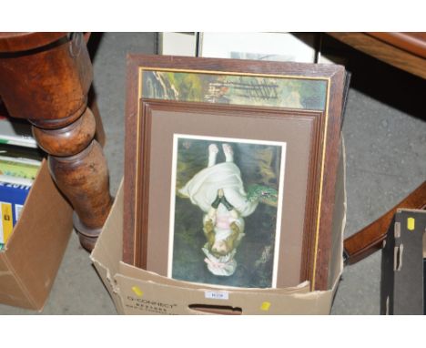 A box of various prints to include a hunting print "Full Cry"