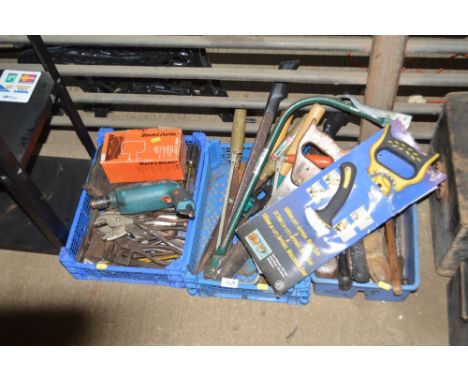 Three plastic trays of various hand tools