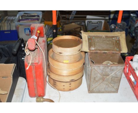 A vintage fuel can; a quantity of sieves; metal box and contents