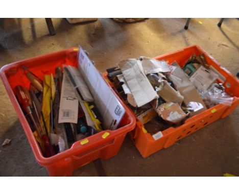 Two boxes of various fittings and hand tools