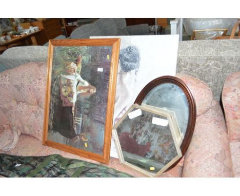 A pine framed print; together with a print on canvas depicting a dancer and two mirrors 