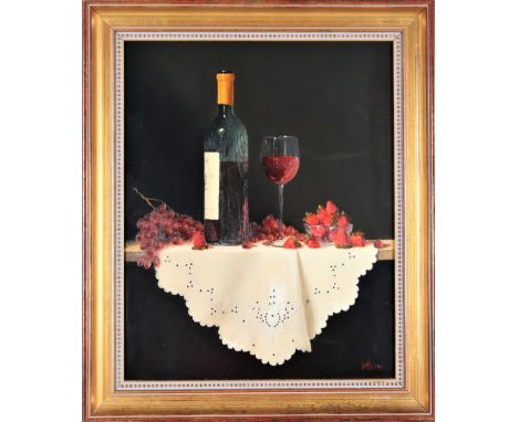 "Red Wine, Red Fruits and Madiera", oil on panel, signed lower right, framed. Overall size: 24 1/2 x 20 1/2 in. Sight size: 1