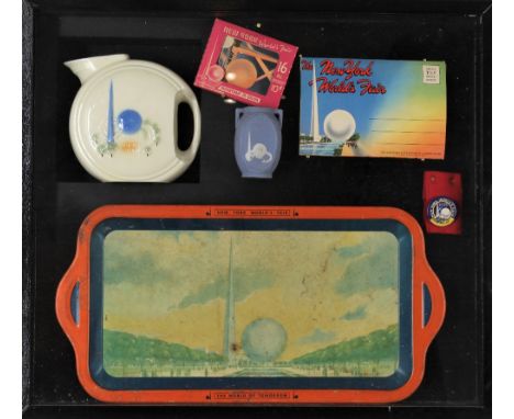 Includes tray, pitcher, vase, wristband button and assorted ephemera from the 1939 New York World's Fair. Overall size: 17 x 