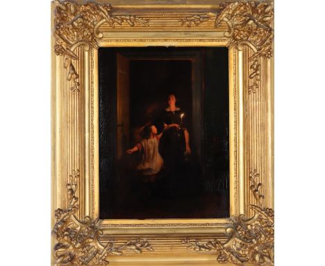 Candlelit interior scene with woman and child, oil on panel. Signed lower left and verso. Johannes Rosierse is known for Figu