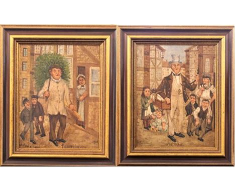 Paintings depict eel seller and chimney sweep. Signed and dated 1910. 9 x 6 3/4 and 12 1/2 x 10 1/2 in.