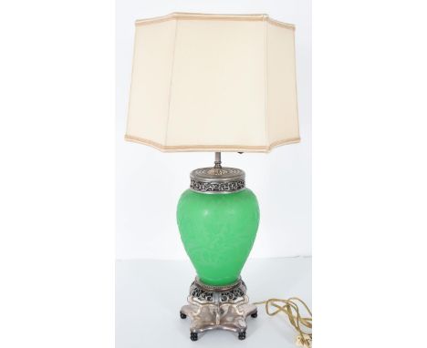 Steuben Green Jade acid etched Table Lamp. 8 x 8 x 29 in. Provenance: Estate of Dr. Arnold Werschky in Sausalito, California.